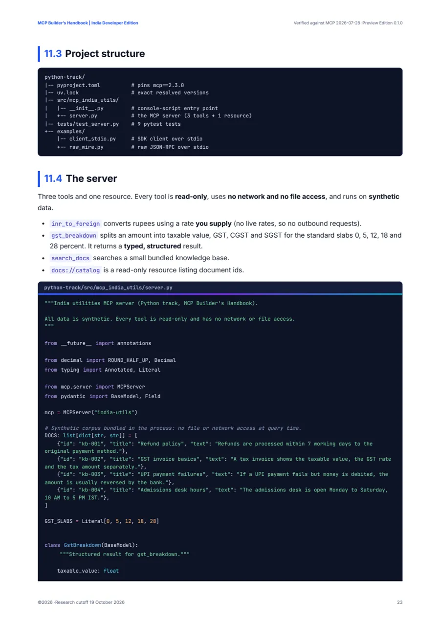Python MCP server code from the e-book with project structure and validated tool definitions