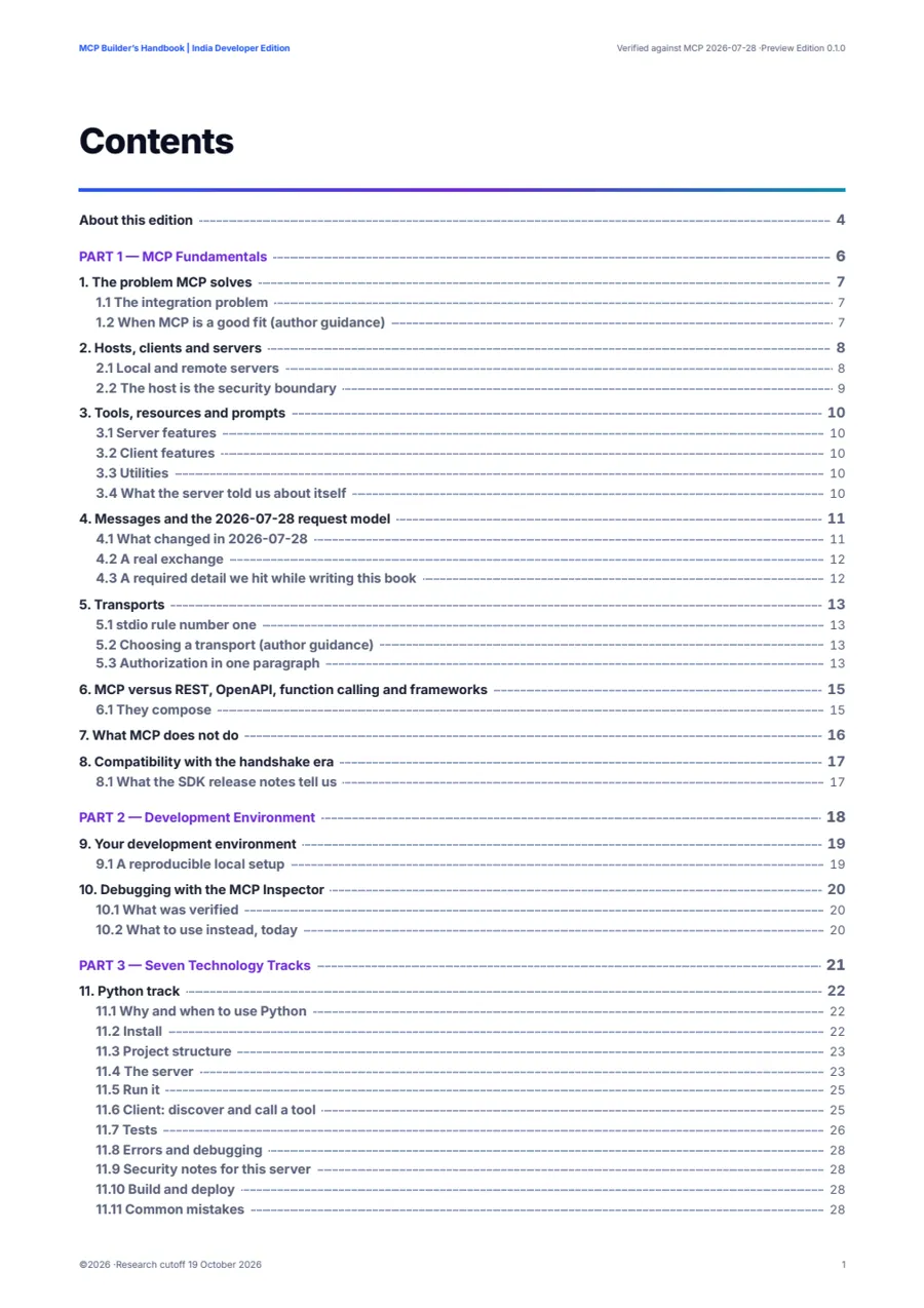 Table of contents of the MCP Builder's Handbook PDF with clickable chapters and page numbers