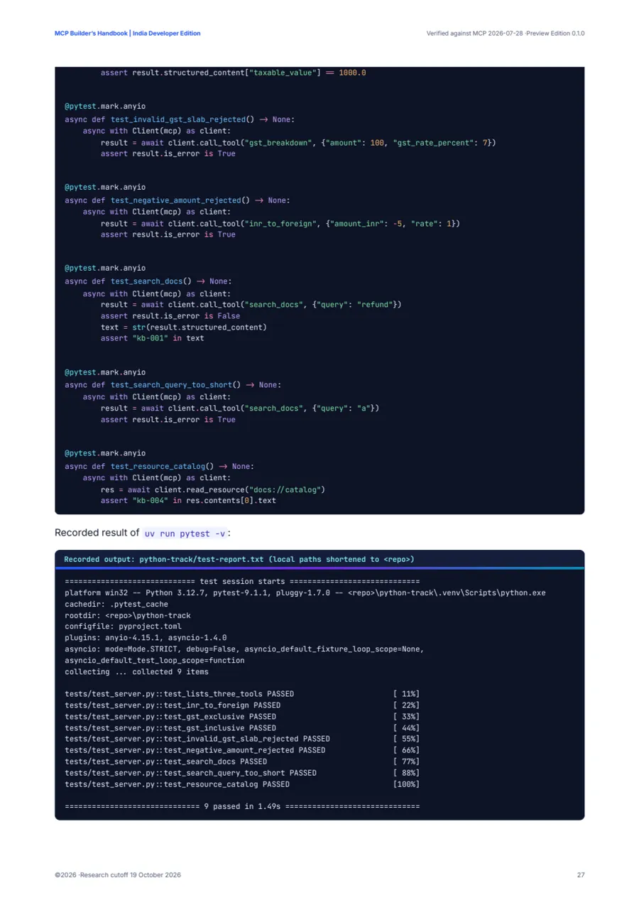 Recorded pytest output showing 9 tests passed for the Python MCP server